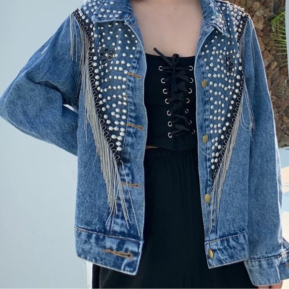 826. LAST 1! Denim Boho Rhinestone Studd  Country Fringe Jacket CLEARANCE - Picture 3 of 9